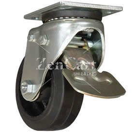 (image for) Caster; Swivel; 6" x 2"; Rubber on Cast Iron; Plate; 4"x4-1/2"; holes: 2-5/8"x3-5/8" (slots to 3"x3"); 3/8" bolt; Zinc; Roller Brng; 450#; Total Pedal Lock (Item #67408)