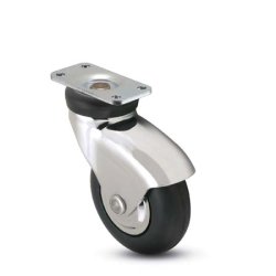 Caster; Swivel; 2" x 1"; Rubber (Soft; non-marking); Plate (1-1/4"x2-3/8": holes: 13/16"x1-1/4" (slotted to 1-7/8"); Chrome; Prec Ball Brng; 125#; Thread guards (Item #63715)