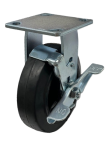 Caster; Swivel; 8" x 2"; Rubber on Cast Iron; Plate; 4-1/2"x6-1/4"; holes: 2-7/16"x4-15/16" (slots to 3-3/8"x5-1/4"); 1/2" bolt; Roller Brng; 500#; Brake (Item #66038)