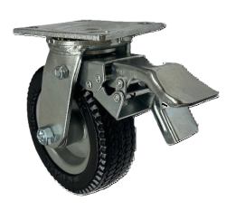 (image for) Caster; Swivel; 6" x 2"; Flat Free (Black); HD Welded Hub; Plate (4"x4-1/2"; holes); Prec Ball Brng; 250#; Sawtooth Tread; Total Lock Brake (Leading) (Item #63136)