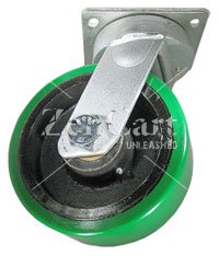 (image for) Caster; Swivel; 6"x2-1/2"; PolyU on Cast Iron; Plate; 4-1/2x6-1/4; holes: 2-7/16x4-15/16 (slotted to 3-3/8x5-1/4); 1/2 bolt; Roller Brg; 2200#; Kingpinless (Item #65721)