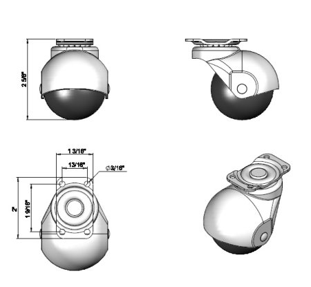 (image for) Caster; Spherical; Swivel; 2"; Polyolefin; Top Plate; 1-3/16"x2"; holes: 13/16x1-9/16; 3/16 bolt; Antique; 80# (Item #69095)
