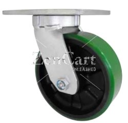 (image for) Caster; Swivel; 10" x 4"; PolyU on Cast; Plate (6-1/4"x7-1/2": holes: 4-1/8"x6" slotted to 4-1/2"x6-1/8"; 1/2" bolt); Zinc; Tapered Brng; 5500#; Kingpinless (Item #64880)