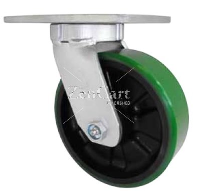 (image for) Caster; Swivel; 5" x 2"; PolyU on Cast Iron; Plate (4"x4-1/2"; holes: 2-5/8"x3-5/8" slots to 3"x3"; 3/8" bolt); Zinc; Roller Brng; 1100#; Kinginless (Item #64045)