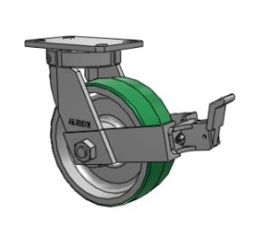 (image for) Caster; Swivel; 8" x 2-1/2"; 95A PolyU on Alum; Plate (4-1/2"x6-1/4"; holes: 2-7/16"x4-15/16" slots to 3-3/8"x5-1/4"; 1/2" bolt); 2000#; Kingpinless; Face Brake (Item #63611)