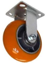 Caster; Rigid; 6" x 2"; Ergonomic PolyU on Alum; Plate (4"x4-1/2"; holes: 2-5/8"x3-5/8" slotted to 3"x3"; 3/8" bolt); Stainless Yoke; Prec Ball Brng; 1250# (Item #63821)