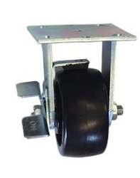 Caster; Rigid; 5" x 2"; Polyolefin; Plate; 4"x4-1/2"; holes: 2-5/8"x3-5/8" (slotted to 3"x3"); 3/8" bolt; Zinc; Roller Brng; 800#; Brake (Item #69376)