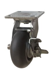 Caster; Swivel; 6" x 2"; ThermoPlastic Rbr Donut (GY); Plate (4"x4-1/2"; holes: 2-5/8"x3-5/8" slots to 3"x3"; 3/8" bolt); Stainless; Roller Brng; 500#; Brake (Item #63494)