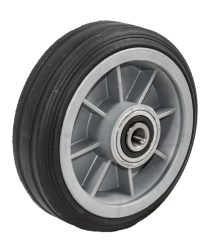 Caster; Swivel; 6" x 2"; Solid Rubber on Plastic Hub (Grey); Grip Ring (7/16" x 1-3/8"); Zinc; Ball Brng; 350#; Ribbed Tread; Wheel Brake (Item #63426)