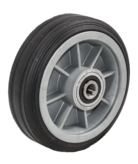 (image for) Caster; Swivel; 6" x 2"; Solid Rubber on Plastic Hub; Plate (4"x4-1/2"; holes: 2-5/8"x3-5/8" slots to 3"x3"; 3/8" bolt); Zinc; Ball Brng; 350#; Ribbed Tread (Item #64279)