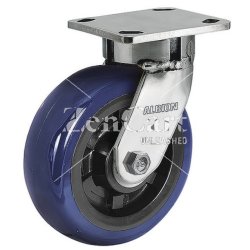(image for) Caster; Swivel; 5" x 2"; Blue Thermo-Urethane; Plate (4"x4-1/2"; holes: 2-5/8"x3-5/8" slots to 3"x3"; 3/8" bolt); Dual Sealed Prec Ball Brng; 800#; Kingpinless (Item #63587)