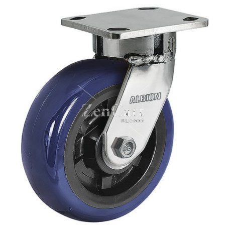 (image for) Caster; Swivel; 5" x 2"; Blue Thermo-Urethane; Plate (4"x4-1/2"; holes: 2-5/8"x3-5/8" slots to 3"x3"; 3/8" bolt); Dual Sealed Prec Ball Brng; 800#; Kingpinless (Item #63587)