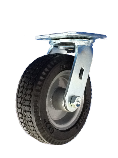 (image for) Caster; Swivel; 10\" x 3\"; Flat Free (Black); Plate (4\"x4-1/2\"; holes: 2-5/8\"x3-5/8\" slots to 3\"x3\"; 3/8\" bolt); Zinc; Ball Brng; 280#; Sawtooth tread (Item #66576)