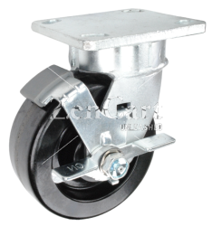 (image for) Caster; Swivel; 8" x 2"; Phenolic; Plate (4-1/2"x6-1/4"; holes: 2-7/16"x4-15/16" slots to 3-3/8"x5-1/4"; 1/2" bolt); Roller Brng; 1400#; Kingpinless; Brake (Item #62885)