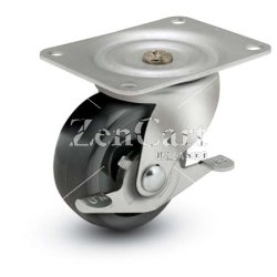 (image for) Caster; Swivel; 2" x 13/16"; Polyolefin; Plate (1-1/2" x 2-5/8"; holes: 15/16" x 2-1/8"; 1/4" bolt); Zinc; Plain bore; 90#; Side friction brake (Item #63802)