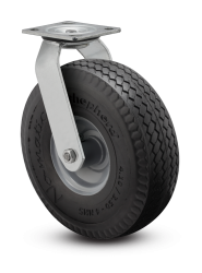 Caster; Swivel; 10" x 4"; Flat Free Tire (BK); Plt (4"x4-1/2"; holes: 2-5/8"x3-5/8" slots to 3"x3"; 3/8" bolt); Znc; Prec Ball Brngs; 440#; USA Made; Face Brake (Item #62967)