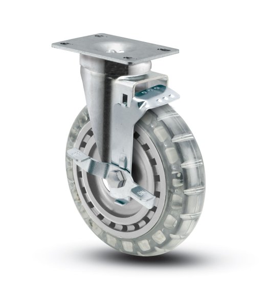 (image for) Caster; Swivel; 6\"x1-1/4\"; Polyurethane (Clear); Plate (2-5/8\"x3-3/4\"; holes: 1-3/4\"x2-3/4\" slotted to 3\"; 5/16\" bolt); Zinc; Ball Brng; 300#; Dustcap; Brake (Item #64752)