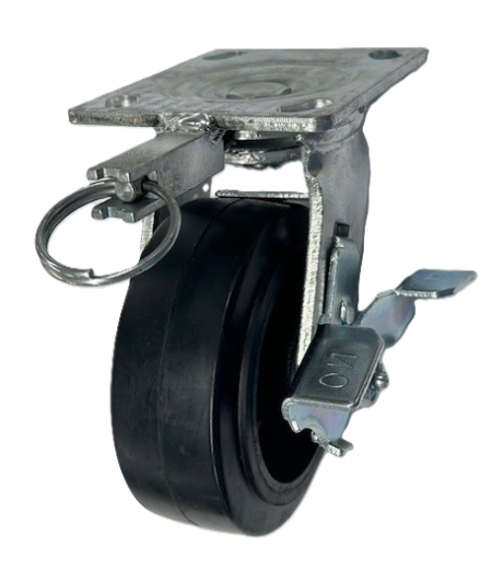 (image for) Caster; Swivel; 8" x 2"; Rubber on Cast Iron; Plate (4"x4-1/2"; holes: 2-5/8"x3-5/8" slots to 3"x3"; 3/8" bolt); Roller Brng; 600#; Position Lock (4-way); Brake (Item #63430)