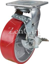 (image for) Caster; Swivel; 6" x 2"; PolyU on Cast; Plate (5"x5-1/2"; holes: 4-1/8"x4-1/2"; 3/8" bolt); Zinc; Roller Brng; 1250#; Brake (Item #65455)