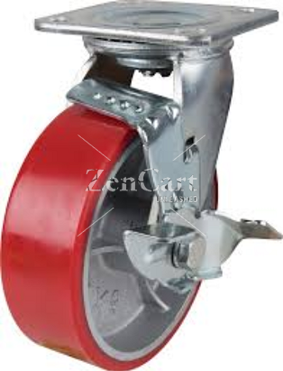 (image for) Caster; Swivel; 4" x 2"; PolyU (Red or Green) on Cast; Plate; 4"x4-1/2"; holes: 2-5/8"x3-5/8" (slots to 3"x3"); 3/8" bolt; Zinc; Roller Brng; 800#; Tread Brake (Item #66036)
