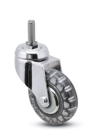 Caster; Swivel; 3 x 15/16; Polyurethane (Clear); Threaded Stem; 5/16-18TPI x 1; Bright Chrome; Precision Ball Brng; 120#; Thrd Grds (Item #67966)