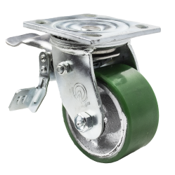Caster; Swivel; 4" x 2"; PolyU on Cast; Plate (4"x4-1/2"; holes: 2-5/8"x3-5/8" slotted to 3"x3"; 3/8" bolt); Roller Brng; 800#; Total Lock (Leading) (Item #66035)