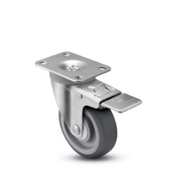 Caster; Swivel; 4" x 1-1/4"; TPR Rubber (Gray); Plate (2-5/8"x3-3/4"; holes: 1-3/4"x2-3/4" slots to 3"; 5/16" bolt); Zinc; Precision BB; Total Lock; Brg Cvrs (Item #64693)