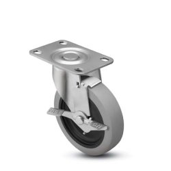 Caster; Swivel; 2-1/2" x 1-1/8"; TPR Rubber (Gray); Plate (2-1/2"x3-5/8": holes: 1-3/4"x2-3/4" (slotted to 3"); 5/16" bolt); Plain bore; 150#; Tread Brake (Item #65601)