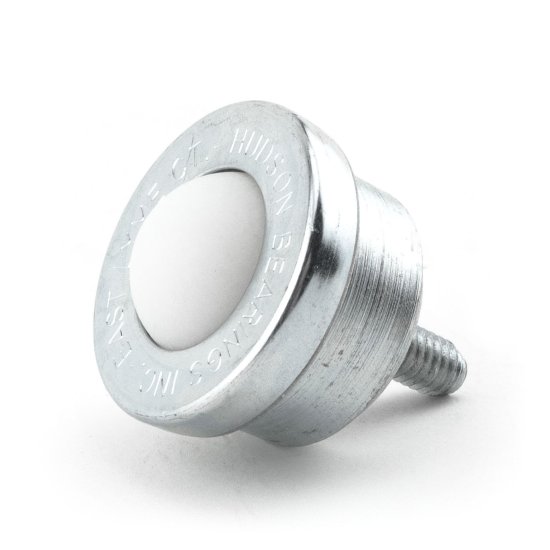 Ball Transfer; 1\" Nylon ball; Round Machined base with Threaded Stud; 5/16\"-18TPI x 3/4\"; Carbon steel housing; 1-11/16\" O.D.; 200#; 5/8\" load height (Item #88834)