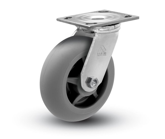 (image for) Caster; Swivel; 4\" x 2\"; ThermoPlastic Rubber Donut; Plate (4\"x4-1/2\"; holes: 2-5/8\"x3-5/8\" slots to 3\"x3\"; 3/8\" bolt); Stainless Yoke and Roller Brng; 300# (Item #63487)