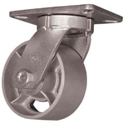 Caster; Swivel; 6" x 3"; Cast Iron; Plate (5-1/4"x7-1/4"; holes: 3-3/8"x5-1/4" slots to 4-1/8"x6-1/8"; 1/2" bolt); Zinc; Roller Brng; 2500#; Kingpinless; Seal (Item #62992)