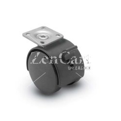 (image for) Caster; Twin Wheel; Swivel; 60mm; Polyurethane Tread; Plate (1-1/2" x 1-1/2"; holes: 1" x 1"; 3/16" bolt); Black; Riveted Axle; 120#; Hood; Brake (Item #63100)