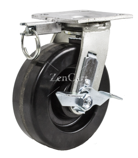 (image for) Caster; Swivel; 5" x 2"; Phenolic; Plate; 4"x4-1/2"; holes: 2-5/8"x3-5/8" (slots to 3"x3"); 3/8" bolt; Zinc; Roller Brng; 900#; Position Lock; Top Lock brake (Item #69393)