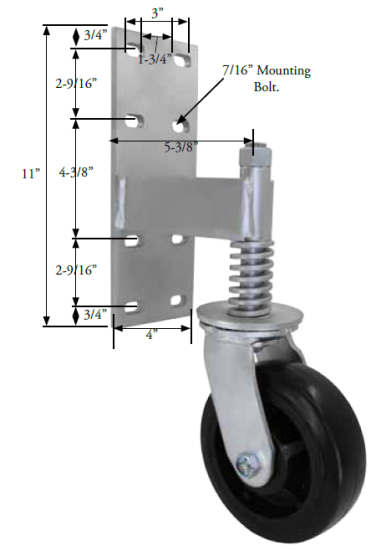 (image for) Spring Loaded Gate Swivel Caster; 6\" x 2\"; Polyolefin; Bracket (11\"x4\"; 8 holes 1-3/4\" (slotted to 3\") x 9-1/2\"; 7/16\" bolt); Zinc; Roller Brng; 700# (Item #65444)