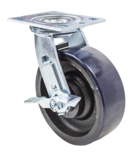 Caster; Swivel; 8" x 2"; PolyU (Crowned) on Cast (Blue); Plate (4"x4-1/2"; holes: 2-5/8"x3-5/8" slots to 3"x3"; 3/8" bolt); Zinc; Roller Brng; 1250#; Brake (Item #64466)
