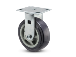 Caster; Rigid; 4" x 2"; Blue Thermo-Urethane; Plate (4"x4-1/2"; holes: 2-5/8"x3-5/8" slots to 3"x3"; 3/8" bolt); Zinc; Dual Sealed Prec Ball Brng; 600# (Item #63757)