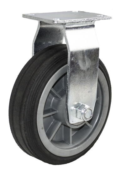 (image for) Caster; Rigid; 6\" x 2\"; Solid Rubber on Plastic Hub; Plate (4\"x4-1/2\"; holes: 2-5/8\"x3-5/8\" slots to 3\"x3\"; 3/8\" bolt); Ball Brng; 350#; Ribbed Tread (Item #64277)
