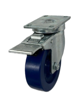 (image for) Caster; Swivel; 4" x 1-1/4"; Polyurethane (Solid); Plate (2-5/8"x3-3/4"; holes: 1-3/4"x2-3/4" slots to 3"; 5/16" bolt); Zinc; 300#; Dust Cover; Total Lock Brake (Item #63899)