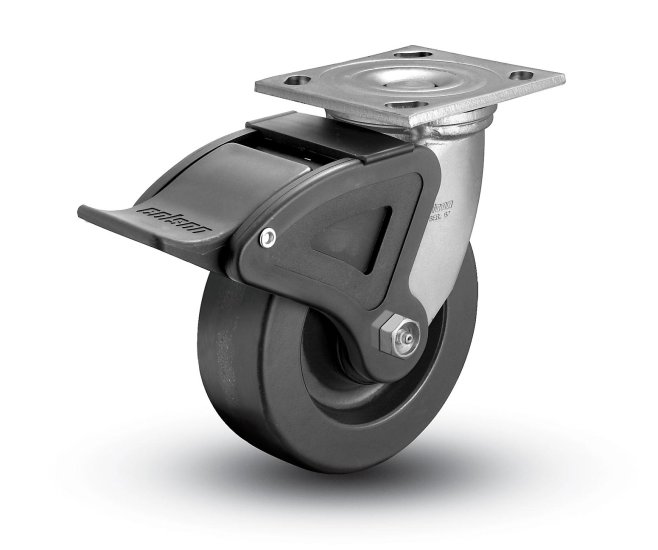 (image for) Caster; Swivel; 6\" x 2\"; Phenolic; Plate; 4-1/2\"x6-1/4\"; holes: 2-7/16\"x4-15/16\" (slots to 3-3/8\"x5-1/4\"); 1/2\" bolt; Zinc; Roller Brng; 1200#; Total Lock (Item #67876)