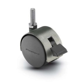 (image for) Caster; Twin; Swivel; 2" (50mm); Nylon; Threaded Stem; 1/4"-20TPI x 5/8"; Satin Chrome; Metal (zinc) body; 75#; Pedal Style Wheel Brake; Hood (Item #67944)