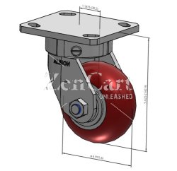 (image for) Caster; Swivel; 6" x 2"; PolyU (Round); GN on Alum; Plate (4"x4-1/2"; holes: 2-5/8"x3-5/8" slots to 3"x3"; 3/8" bolt); Zinc; Prec Ball Brngs; 1250#; Kingpinless (Item #63532)