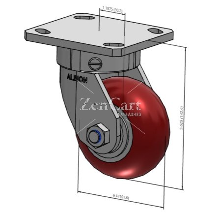 (image for) Caster; Swivel; 6" x 2"; PolyU (Round); GN on Alum; Plate (4"x4-1/2"; holes: 2-5/8"x3-5/8" slots to 3"x3"; 3/8" bolt); Zinc; Prec Ball Brngs; 1250#; Kingpinless (Item #63532)