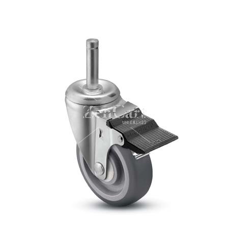 (image for) Caster; Swivel; 4" x 1-1/4"; PolyU on PolyO (Gray); Grip Ring (7/16" x 1-1/4"); Zinc; Precision Ball Brng; 300#; Dust Cover (Mtl); Thread Guards; Pedal brake (Item #64156)