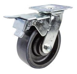 Caster; Swivel; 5" x 2"; PolyU on Cast; Plate (4"x4-1/2"; holes: 2-5/8"x3-5/8" slots to 3"x3"; 3/8" bolt); Zinc; Roller Brng; 1000#; Trailing Total Lock Brake (Item #63934)