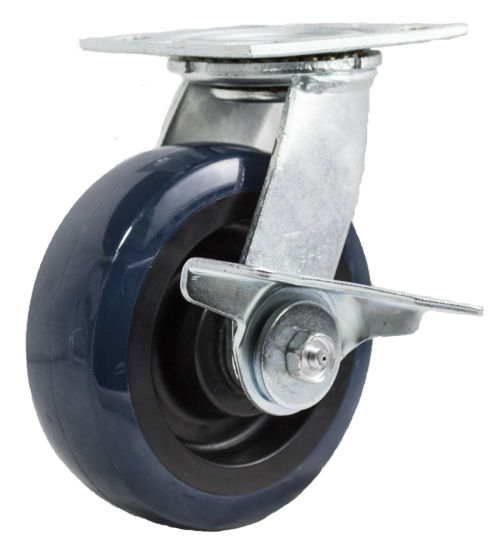 (image for) Caster; Swivel; 6\" x 2\"; PolyU on PolyO; Plate; 4\"x4-1/2\"; holes: 2-5/8x3-5/8 (slotted to 3x3); 3/8 bolt; Zinc; Roller Brng; 700#; Cam Style Wheel Brake (Item #65224)