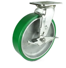 Caster; Swivel; 6" x 2"; PolyU on Alum (Color varies); Plate; 4"x4-1/2"; holes: 2-5/8x3-5/8 (slotted to 3x3); 3/8 bolt; Zinc; Roller Brng; 1200# (Item #64297)