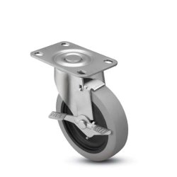 Caster; Swivel; 2" x 13/16"; Thermoplastized Rubber (Gray); Plate (1-1/4" x 2-1/16"; holes: 13/16" x 1-9/16"; 3/16" bolt); Zinc; Plain bore; 80#; Brake (Item #63826)