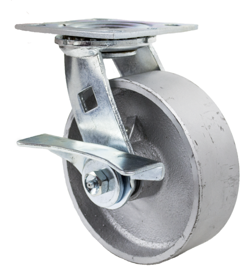(image for) Caster; Swivel; 5\" x 2\"; Cast Iron; Plate (4-1/2\"x6-1/4\"; holes: 2-7/16\"x4-15/16\" slotted to 3-3/8\"x5-1/4\"; 1/2\" bolt); Zinc; Roller Brng; 1000#; Cam Brake (Item #66103)