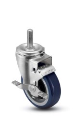 Caster; Swivel; 5" x 1-1/4"; PolyU on PolyO (Blue); Threaded Stem (3/4"-10TPI x 1-3/4"); Zinc; Ball Brng; 300#; Tread brake; Dust Cover (Mtl); Thread guards (Item #65898)