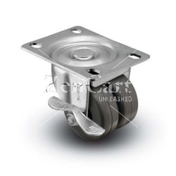 (image for) Caster; Dual Wheel; Swivel; 2" x 7/8" (x2); Soft Rubber (non-marking); Plate (2-5/8"x3-3/4"; holes: 1-3/4"x2-3/4" slotted to 3"; 5/16" bolt); 180#; Brake (Item #65184)